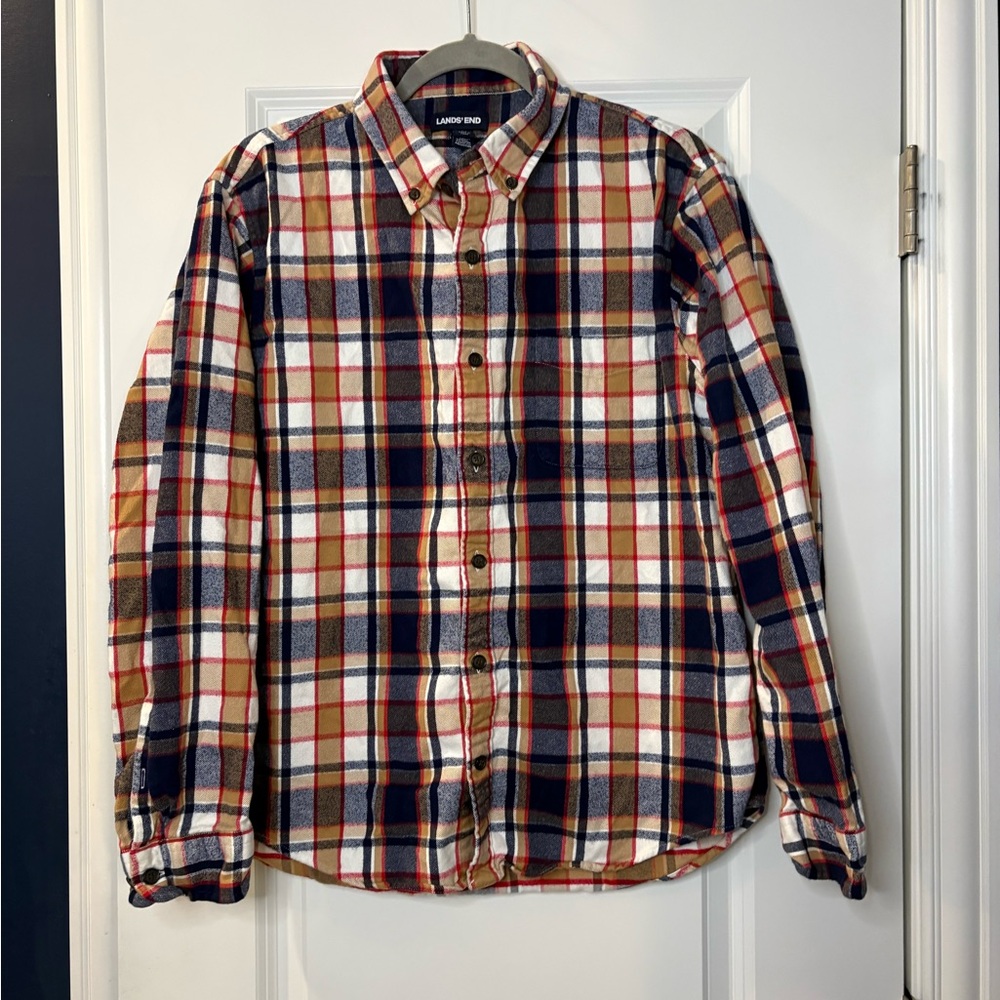 Lands’ End Plaid Flannel Button Down Shirt Men’s Large Tailored Fit